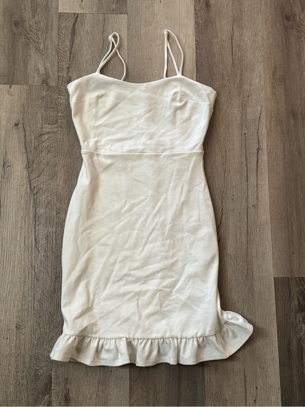 Lulu's Cream Spaghetti-Strap Ruffle-Hem Bodycon Dress